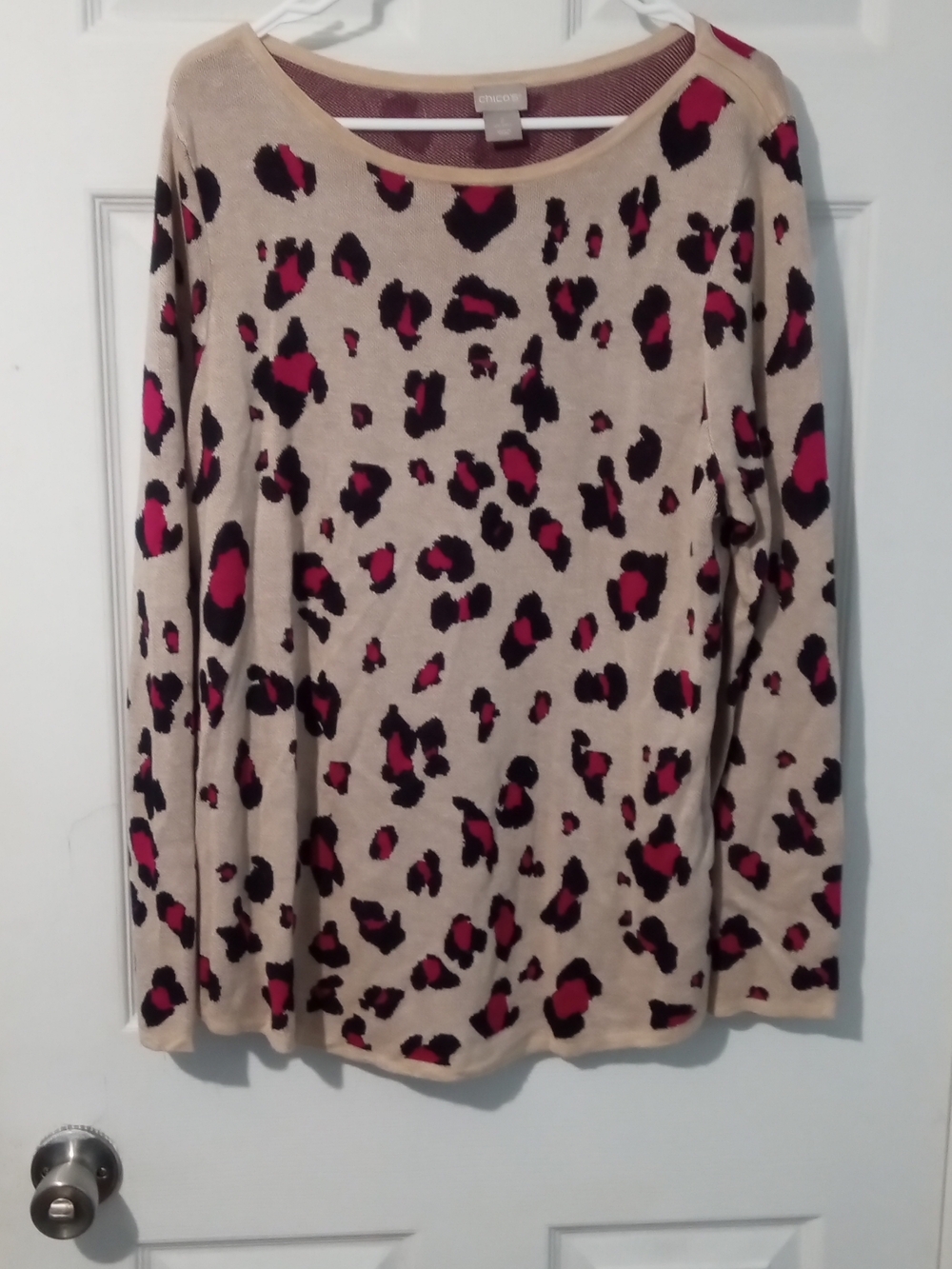 Chico's Beige Scoop Neck Sweater with Pink and Black Leopard Spots